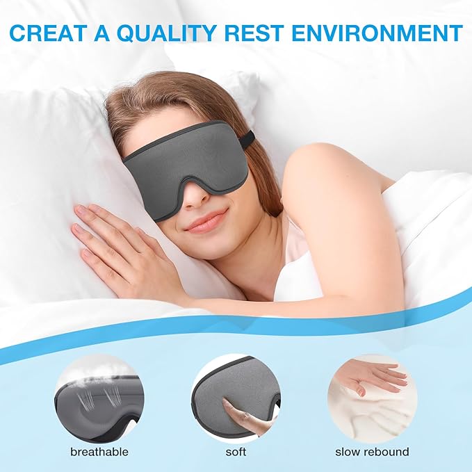 LYSIAN Blackout 3D Sleep Mask for Side Sleepers, No Pressure on Eyes, Soft Contoured Eye Mask for Sleeping, Adjustable Comfortable Night Blindfold for Travel, Office Nap, Home (Silver-Grey)