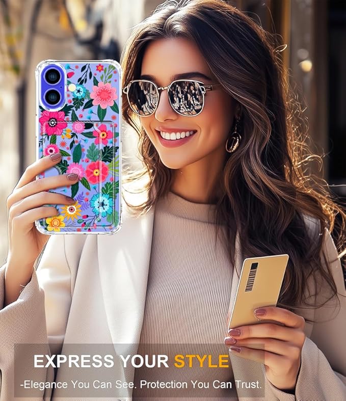 Compatible with iPhone 16 Plus Case Card Holder for Women Cute Design,Wallet Phone Cases Transparent Cool Kawaii Protective (Clear Floral Spring Blossom)