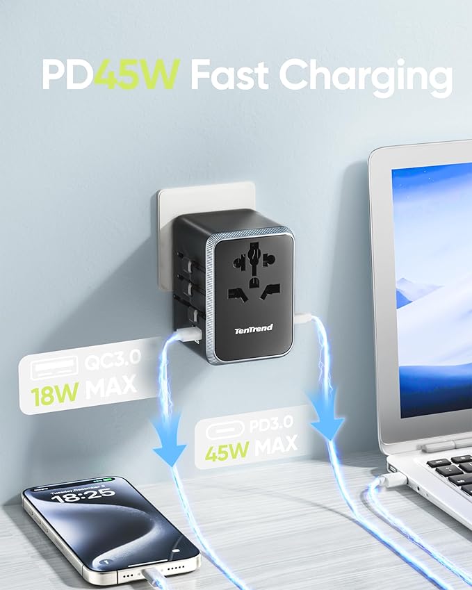 TenTrend Universal Travel Adapter, 45W International Power Adapter with 4 USB-C & 1 USB-A Ports, European Travel Plug Adapter, Worldwide Travel Essentials for EU UK AUS USA