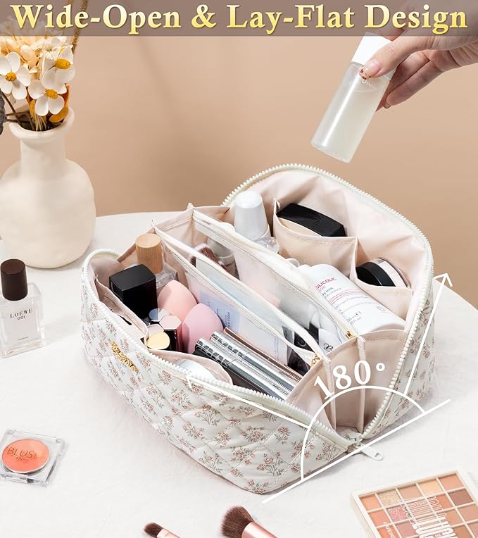 Travel Makeup Bag, 3 Pcs Large Capacity Puffy Toiletry Bag for Women, Open Flat Make up Cosmetic Organizer w/Handle & Clear Divider Water-resistant Portable Pouch Travel Essentials, L-Beige Rose