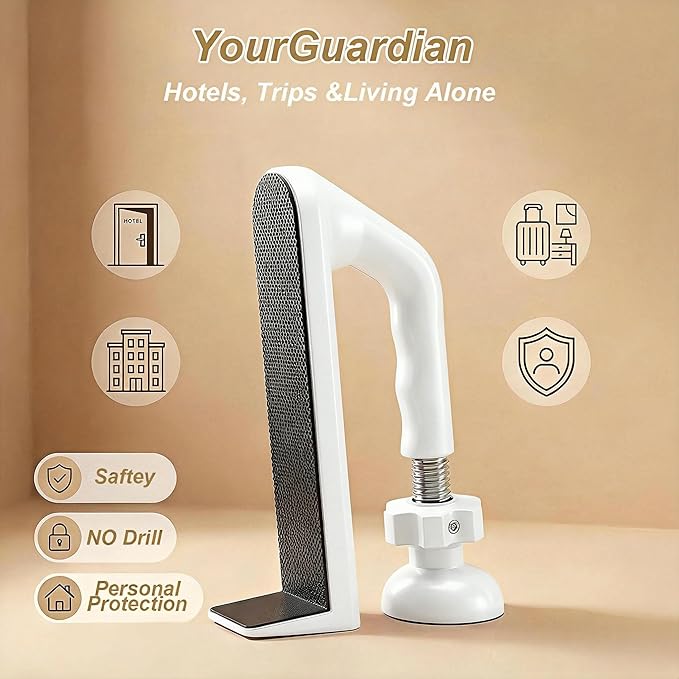 Portable Hotel Door Lock Stopper Travel Security Brace Safety, No Drill Stop Bar Fits Inward Swinging Doors Safety Self Defense Personal Protection for Apartment, White, 1 Pack