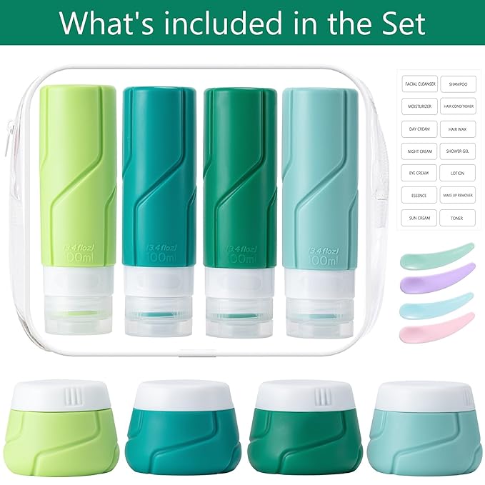 Travel Bottles for Toiletries 15 Pack, TSA Approved Travel Size Containers 3oz, LeakProof Silicone Squeezable Creams Jars, Refillable Toiletry Bottles for Shampoo, Conditioner (Green)