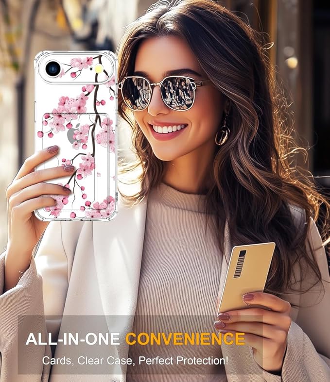 Compatible with iPhone 17 Air Case Card Holder for Women Cute Design,Wallet Phone Cases Transparent Cool Kawaii Protective (Clear Sakura Peach Cherry)