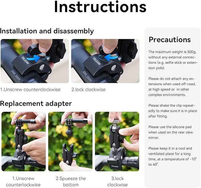 TELESIN Camera Clamp Mount Bike Motorcycle Handlebar Mounts Accessories, 360 Ball Joint Tube Roll Bar Holder Clip for DJI Osmo Pocket 4/DJI Osmo Action 6/Action 5 4 Pro/Hero 13 12 11 10 9/Insta 360 X5
