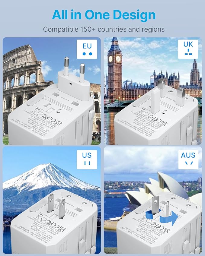 Universal Travel Adapter, VINTAR 70W GaN International Power Adapter with 5 USB Ports (3 USB-C), Worldwide Travel Plug Adaptor, All in One Travel Essentials Outlet Converter for UK/EU/USA/AUS, White