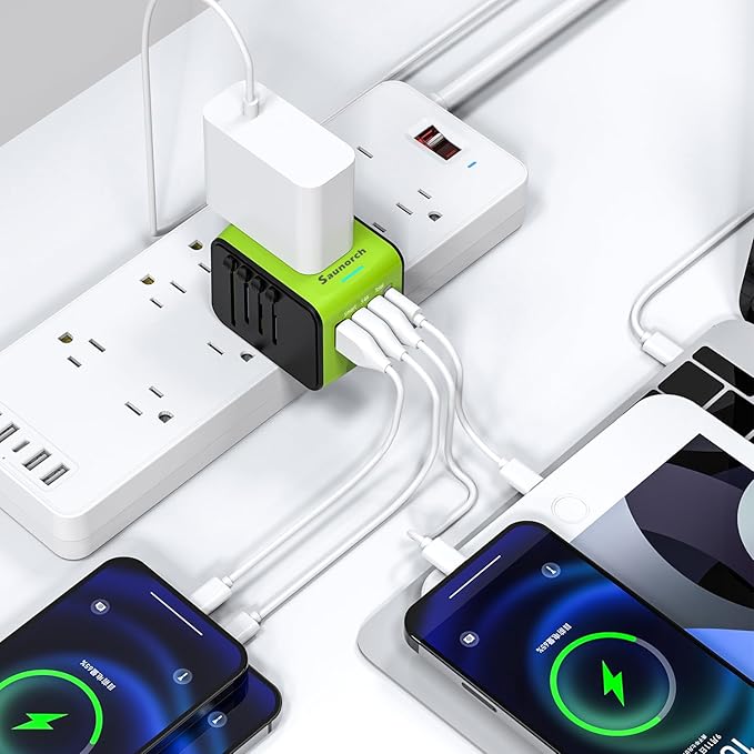 SAUNORCH Travel Adapter Worldwide, Universal International Power Plug Adapter W/2.4A 2xUSB-A and 3.0A 2xType-C Wall Charger, European Travel Plug Adapter for Europe UK EU US CA AU Italy Asia-Green
