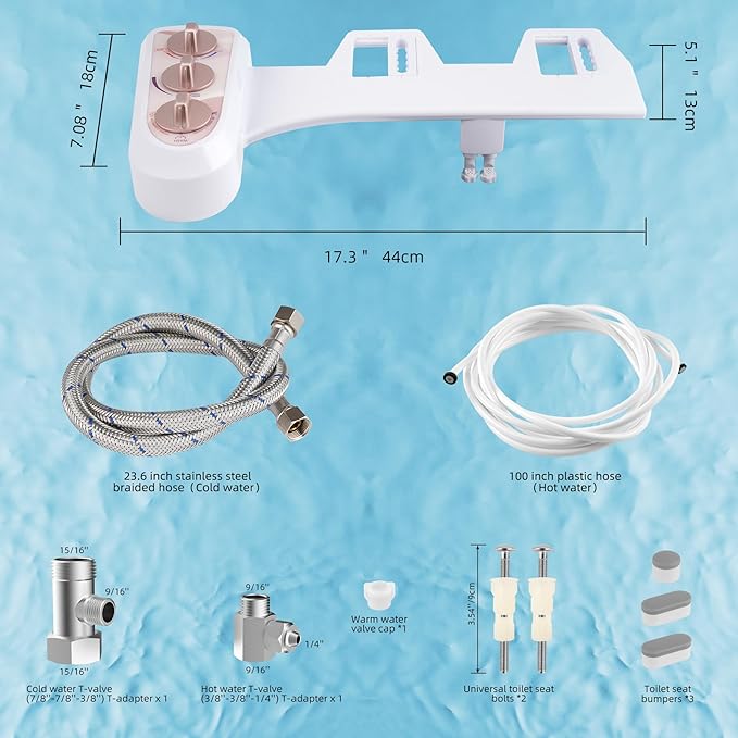 Hibbent Bidet Attachment for Toilet with Self Cleaning Dual Nozzle, Hot and Cold Water Spray Non-Electric Mechanical Toilet Seat Bidet for Rear or Female Washing Sanitizing, Rose Gold