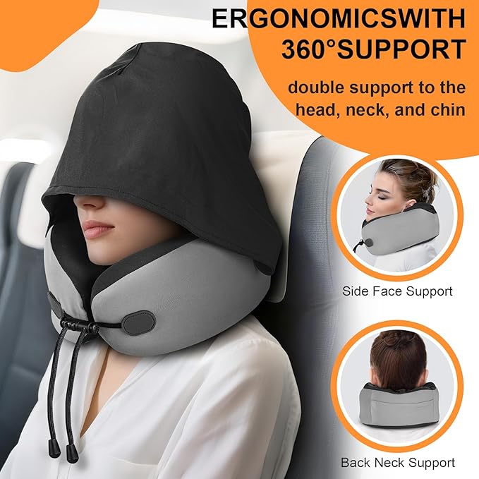 Neck Pillow for Travel - Hooded Memory Foam Plane Pillow for Airplane, Office, Cars Sleeping, Long Flights, Portable Plane Accessories, Includes Eye Mask & Earplugs, Pink