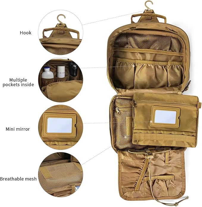 SUNRISING Tactical Travel Toiletry Bag for Men and Women, Hanging Travel Toiletry Organizer Dopp Kit, Toiletries Shaving Hygiene Bathroom Bag,Men's Toiletry Bag for Short Trips Camping - Khaki
