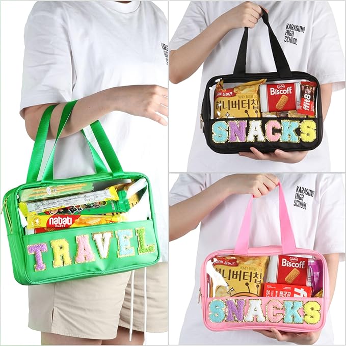 BuyCard Chenille Letter Patch Clear Travel Bags, Preppy PVC&Nylon Makeup Bag with Handle and Zipper, Waterproof Large Clear Travel Toiletry Bag Storage Bag for Women Girls