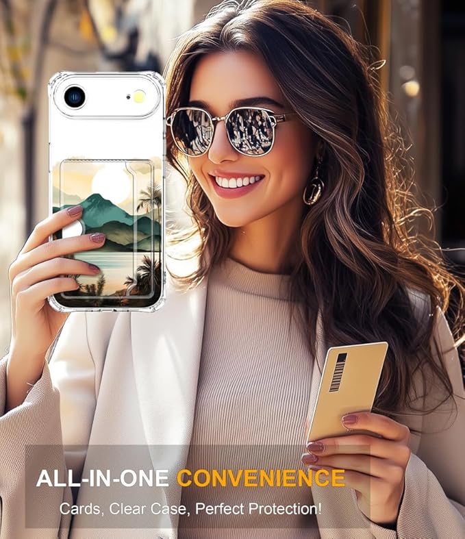 Compatible with iPhone 17 Air Case Card Holder for Women Cute Design,Wallet Phone Cases Transparent Cool Kawaii Protective (Clear Ocean Sun Mountains Sunset)