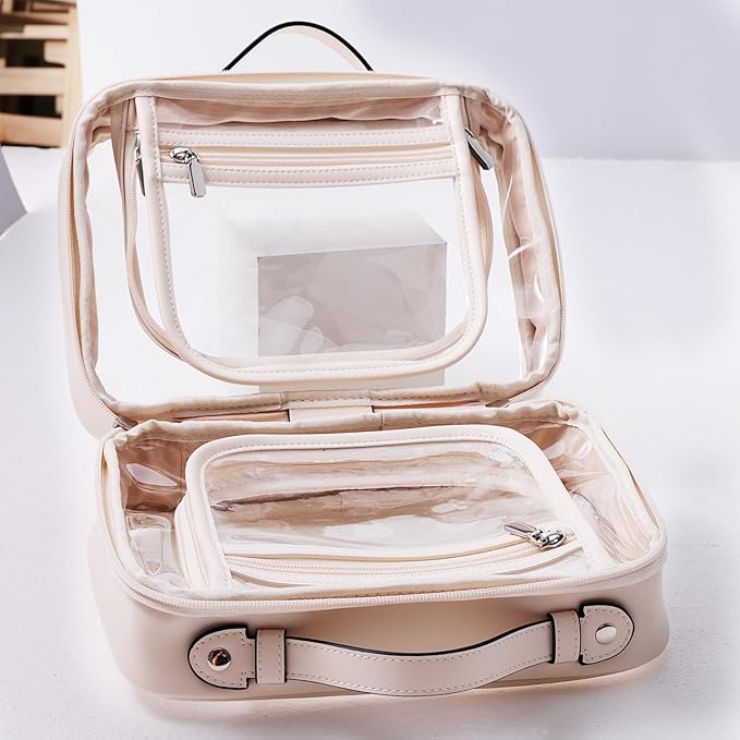 SANHECUN traveling toiletry case clear cosmetics case makeup bag (Beige, Small)