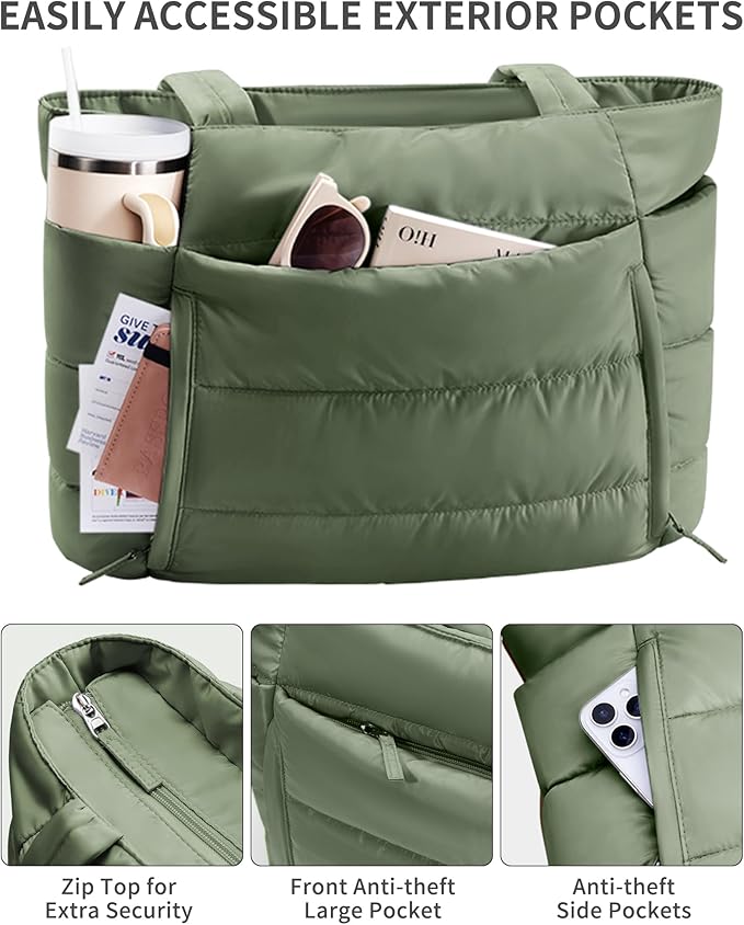 Bagstellar Puffer Tote Bag for Women, Lightweight Puffy Work Handbag Teacher Nurse Quilted Shoulder Bag for School Travel Gym | Cloud Bag w/ Zipper, Daily College Bags, 15.6" Computer Bag, Clinical Nursing Bag, 40 OZ Tumbler Holder, Ideal Gift for Women