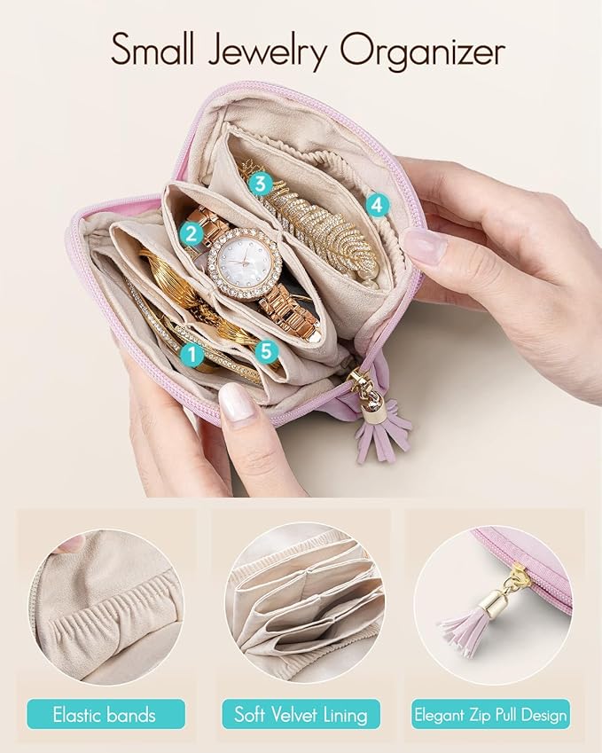 VLANDO Mini Jewelry Travel Case,Jewelry Pouch Bags with Zipper, Velvet Jewelry Organizer Storage Bag for Bracelet Rings Earring Travel Essentials Gifts for Women Girl - Pinkish Purple