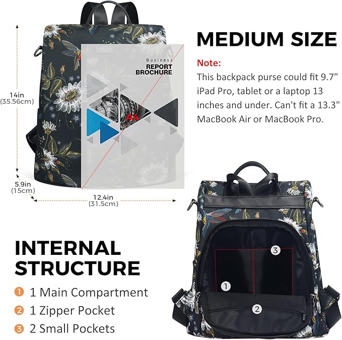 Fmeida Backpack Purse for Women Travel Anti-Theft Backpack Convertible Nylon Daypack with Hidden Back Zipper Opening Hummingbird