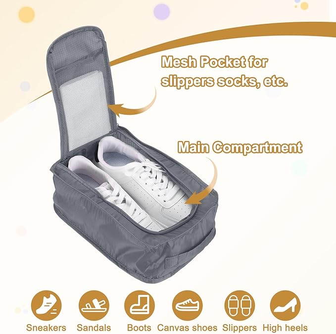 Foldable Travel Shoe Bag, Waterproof Shoe Pouches Organizer with Handle Travel Packing Cubes -Fitting for Storing (Sneakers/Sandals/Fitness Shoes) 2 Pcs & Gray/Navy Blue