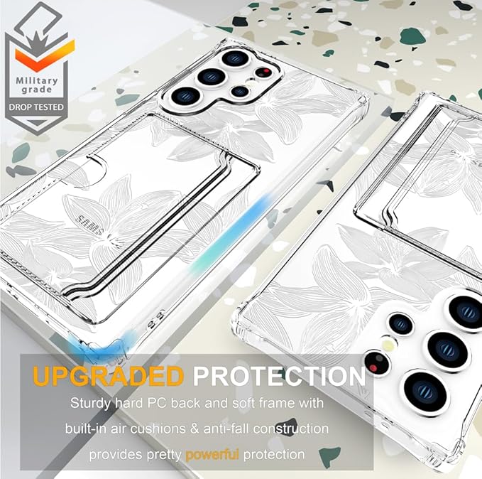 Compatible with Samsung Galaxy S24 Ultra Case Card Holder for Women Cute Design,Wallet Phone Cases Transparent Cool Kawaii Protective (Clear Flower White)