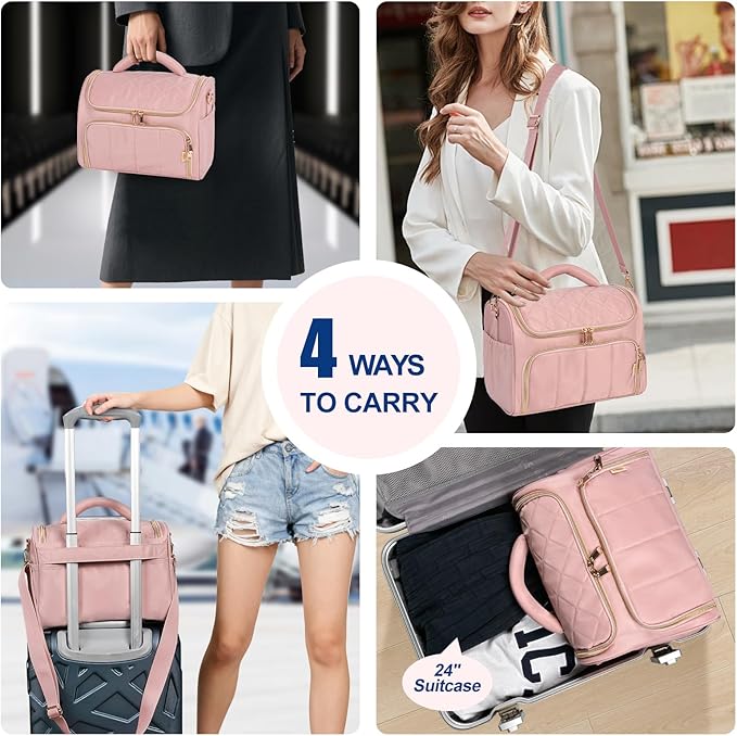 GR69N Travel Toiletry Bag Large Cosmetic Makeup Bag Organizer for Women,Wide-open Make Up Bag Waterproof Makeup Case Travel Bag with Handle and Dividers for Toiletries,Essentials,Accessories,Dark Pink