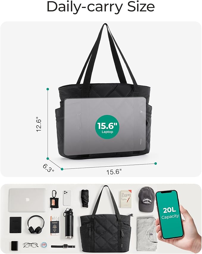 BAGSMART Tote Bag for Women, 20L Puffer Work Tote with Zipper, Quilted Nurse Bag for Travel College