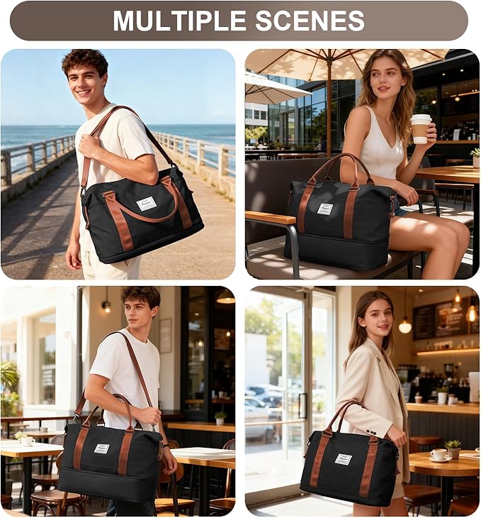 Travel Duffel Bag, 18x14x8 Inches Travel Bag Spirit with Shoes Compartment, Weekender Overnight Bag for Women with Trolley Sleeve, Carry On Bag for Airplanes Sport Tote Gym Bag(Blackbrown)