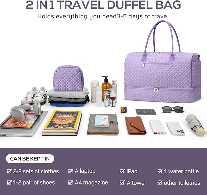 Travel Weekender Duffle Bags for Women - Large Carry On Bag with Shoe Compartment Overnight Bag with Toiletry Bag Duffel Bags with Wet Pocket for Gym Hospital Bags for Labor and Delivery Light Purple