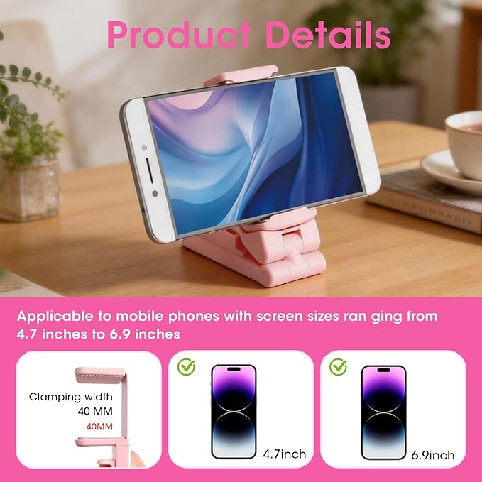 Airplane Phone Holder, Foldable Phone Holder for Airplane Seat Back Luggage Pole Desk 360° Rotation for Multi-Directional Viewing, Travel Essentials Holds Cell Phones (Pink 1pcs)