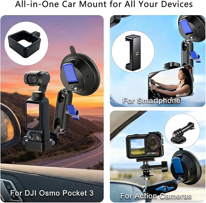 Car Mount for DJI Osmo Pocket 3 4, 30LB Suction Windshield Window Dash Holder Kit w Expansion Adapter & Phone Clip, for Insta360 X5 X4 for GoPro Hero DJI Action 6 5 Pro Nano Accessories