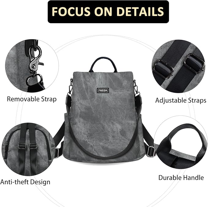 Fmeida PU Leather Backpack Purse for Women Anti Theft Backpack Convertible Fashion Travel Purse Grey