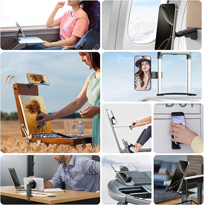 Yunseity Magnetic Airplane Phone Holder, MG-22 Handsfree Airport Phone Mount with 360° Rotation, Universal Portable Travel Phone Stand Travel Essentials for Desk Seat Tray Table