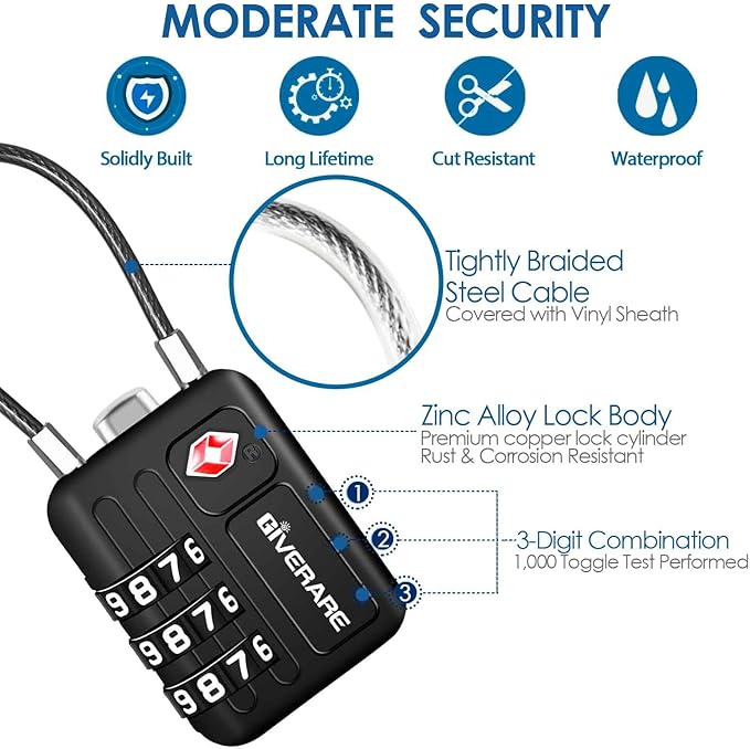 2 Pack TSA Approved Travel Luggage Locks, Metal Cable Combination Lock Alloy, Keyless 3-Digit Padlocks, Weatherproof TSA Accepted Padlock Toolbox Lock for Gym Locker, Golf Bag Case, Backpack, Black