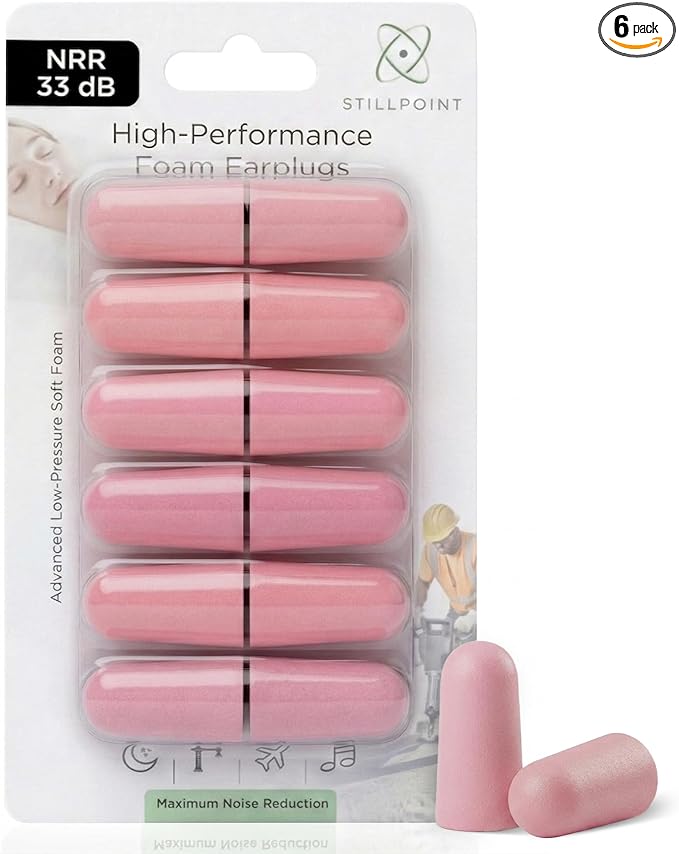 Soft Foam Earplugs, 33 dB NRR, (6 Pair 12 Ear Plugs) Maximum Protection for Sleeping; Silence Snoring, Airplanes, Airports, Power Tools, Phone Conversations, Loud Work Environments (Pink)