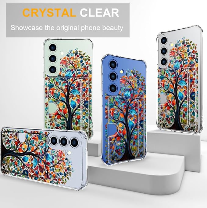Compatible with Samsung Galaxy S24 / S25 Case Card Holder for Women Cute Design,Wallet Phone Cases Transparent Cool Kawaii Protective (Clear Tree Colorful Leaves)