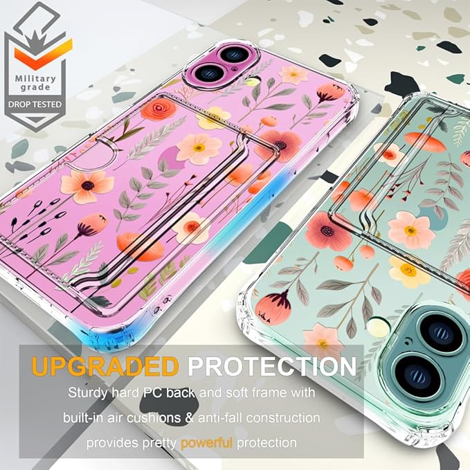 Compatible with iPhone 16 Plus Case Card Holder for Women Cute Design,Wallet Phone Cases Transparent Cool Kawaii Protective (Clear Flowers Leaves)