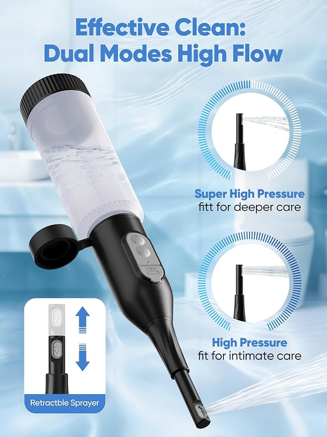 ONTHEWEI Handheld Electric Portable Travel Bidet, Pocket-Sized with Dual Pressure Modes, 360° Nozzle, IPX7 Waterproof & USB-C Rapid Charge for Postpartum Care & Personal Hygiene for Men & Women
