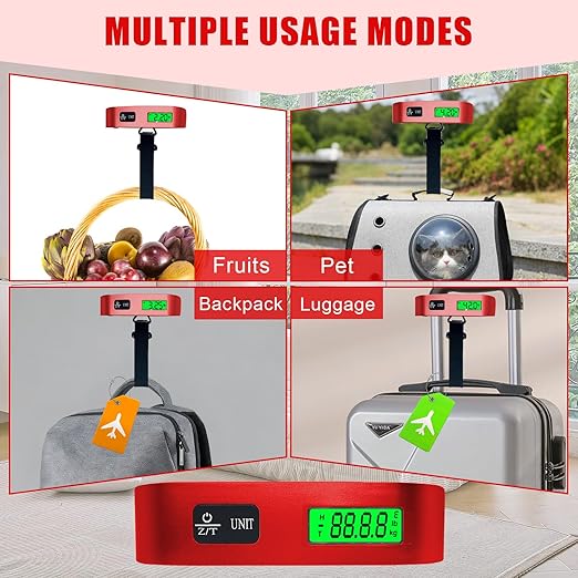 Luggage Scale, Portable Luggage Weight Scale with 2 Luggage Tags, LCD Weight Display and 4 Unit Switching Functions (Red)