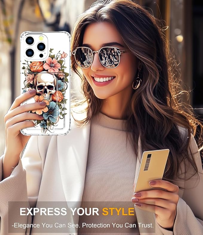 Compatible with iPhone 16 Pro Case Card Holder for Women Cute Design,Wallet Phone Cases Transparent Cool Kawaii Protective (Clear Skull & Flowers)