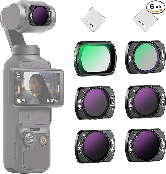 NEEWER Magnetic ND CPL UV Filter Set Compatible with DJI Osmo Pocket 4 Pocket 3 Creator Combo Accessories, Polarized ND ND16/PL ND32/PL ND64/PL ND256/PL, 6 Pack Lens Filter Kit + 2X Cleaning Cloth