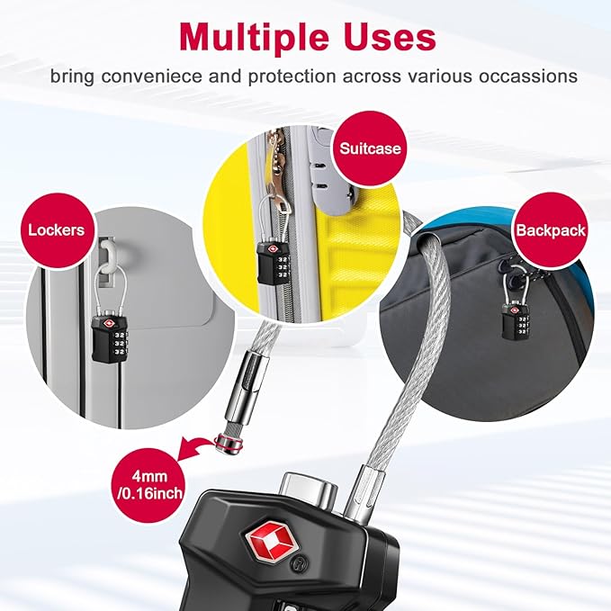 ZHEGE TSA Approved Locks for Luggage, 3 Digit Resettable Keyless Cable Locks with Zinc Alloy Body, Easy to Read White Numbers, for Suitcase, Backpack, Bag, Toolbox, Gym Locker (Black, 2 Pack)