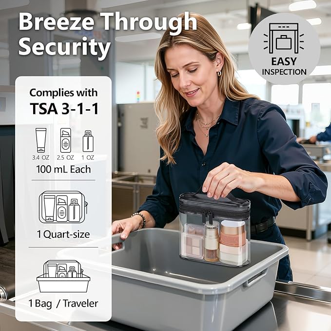 PACKISM TSA Approved Toiletry Bag 2 Pack - Quart Size Clear Makeup Bag with Handle & Dual Metal Zippers, Large Opening 3-1-1 Airline Compliant Security Travel Organizer for Carry On Liquids, Black