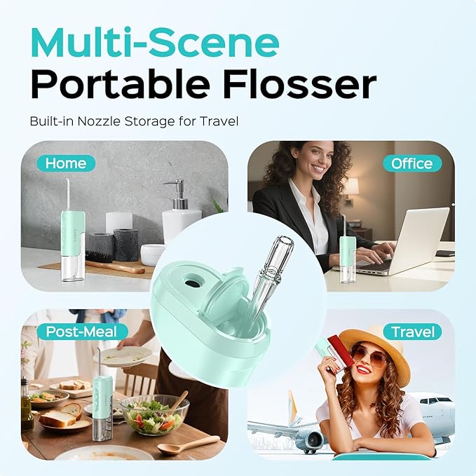 COSLUS T40 Mini Water Flosser for Travel: Portable Lightweight Design Cordless Oral Irrigator with Removable Tank & 4 Modes, IPX7 Waterproof for Braces, Sensitive Teeth Travelers & Family Use, Green