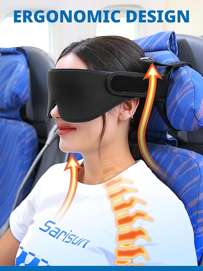 SARISUN Airplane Head Strap 3D Eye Mask, Travel Pillow Alternative for Long Flight, 360° Support Sleep Head Hold, Stop Bobblehead, Ultra-Compact Lightweight Travel Essentials, Black