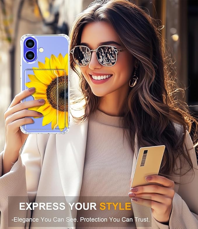 Compatible with iPhone 17 Case Card Holder for Women Cute Design,Wallet Phone Cases Transparent Cool Kawaii Protective (Clear Sunflower Sun Flower)