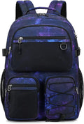 Lohol Multi-Pocket Backpack for Travel College, Heavy Duty Big Bookbag with 15.6 inch Laptop Compartment (Black Purple Galaxy