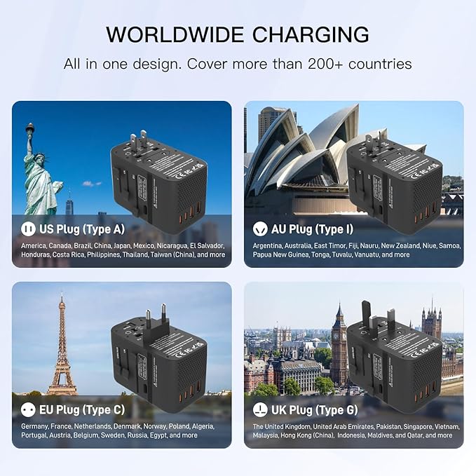 HAPOW Voltage Converter Universal Travel Adapter, PD20W International Power Adapter,Fast Charging Travel Charger, All in One Worldwide Travel Plug Adapter, Outlet Adapter for EU UK USA AU, Black