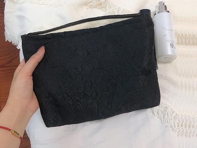 HAPPYHEIDI Large Floral Black Quilted Makeup Bag Cosmetic Toiletry Travel Pouch Purse Organizer, Canvas Lined, Embroiddered Flowers