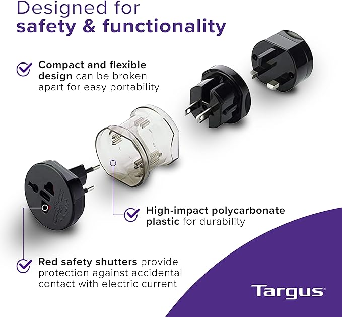 Targus Universal Travel Adapter, International Plug Adapter, Travel Worldwide Power Adapters for Europe, UK, Asia, Africa, LAC, MENA, & USA, Travel Plug Adapter (APK01US1)