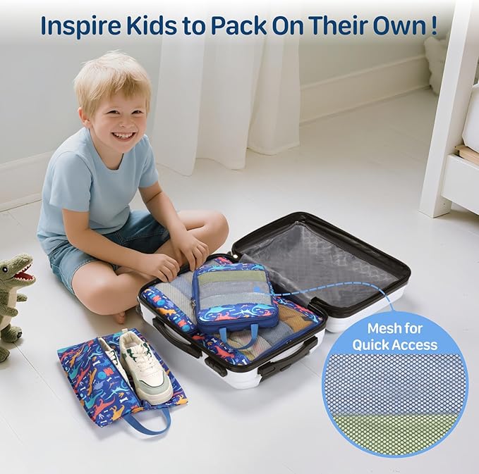 Kids Compression Packing Cubes, 4 Piece Set for Carry On Suitcase, Water Resistant Travel Luggage Organizers with Shoe Bag, Toddler Backpack Essentials (Blue Dinosaur)