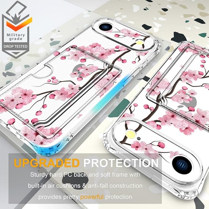 Compatible with iPhone 17 Air Case Card Holder for Women Cute Design,Wallet Phone Cases Transparent Cool Kawaii Protective (Clear Sakura Peach Cherry)