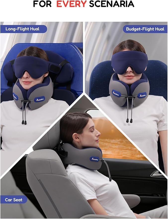 Neck Pillow for Traveling, Travel Pillow for Airplanes with Ergonomic 360° Head Neck Support, Combo with 3D Eye Mask, No Head Bobbing Travel Essentials for Plane,Car,Train,Home-Beige