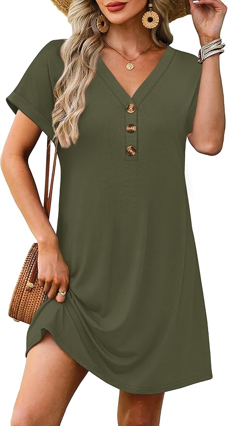 WIHOLL Summer Dresses for Women with Sleeves Midi Dress Button Down Beach Vacation Casual Dresses Fashion Clothing